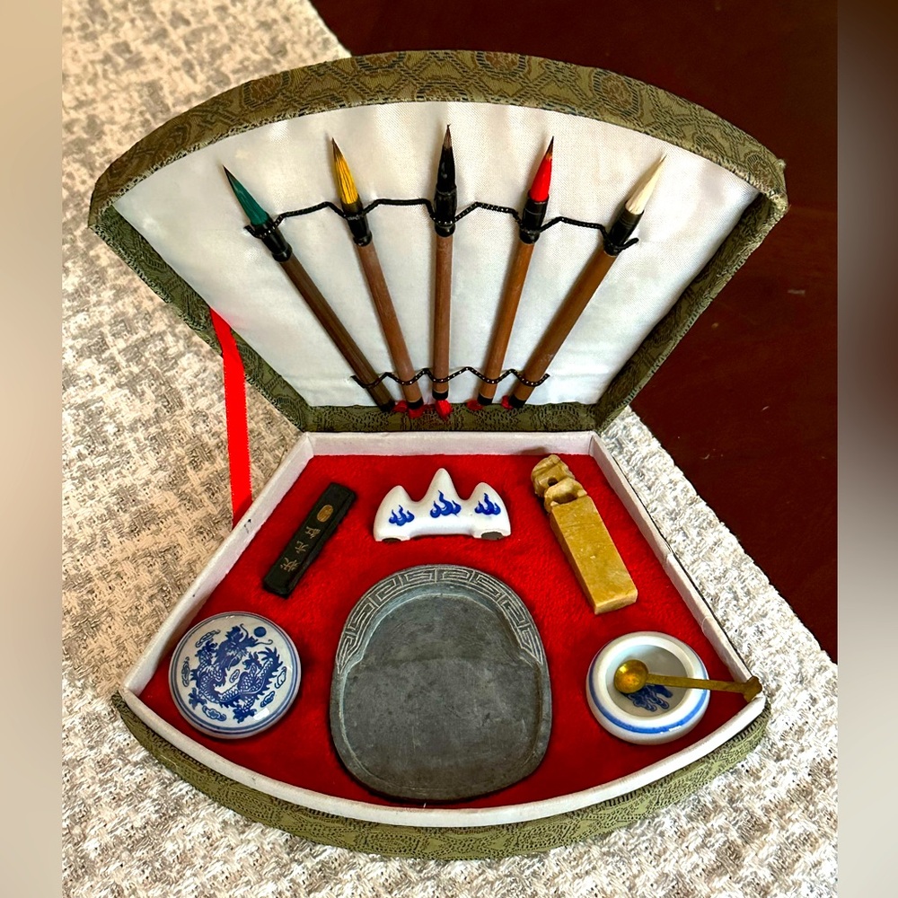 Vintage Japanese Chinese Asian Calligraphy Set Drawing Brushes Inkstone ~ Sumi-E